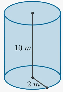 Cilindro com cotas de altura de 10 metros e raio de 2 metros